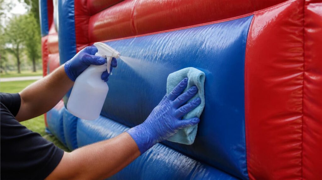 Gloved hands spraying and wiping an inflatable with sanitizer