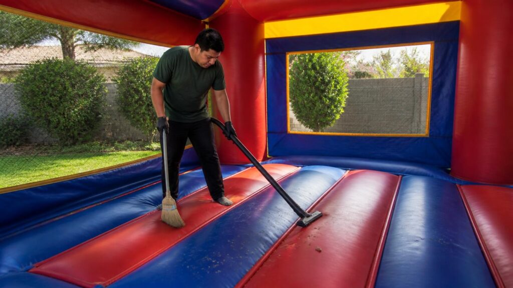 Crew member sweeping and vacuuming inside a bounce house